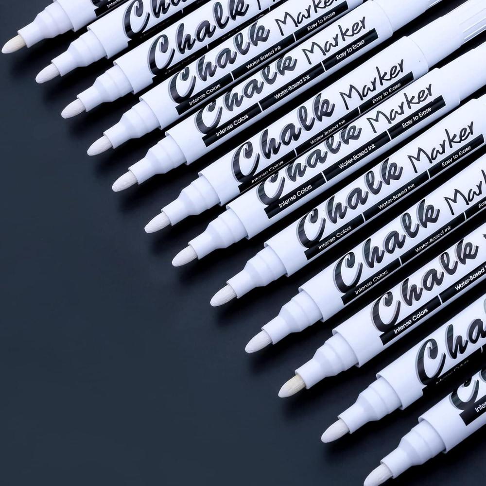 imageVolcanics 12 Pack Liquid Chalk Markers 12 Bright Colors Round Tip Wet Erase DustFree NonToxic Safe Chalk Pens for Chalkboards Glass Windows LED SignsWhite