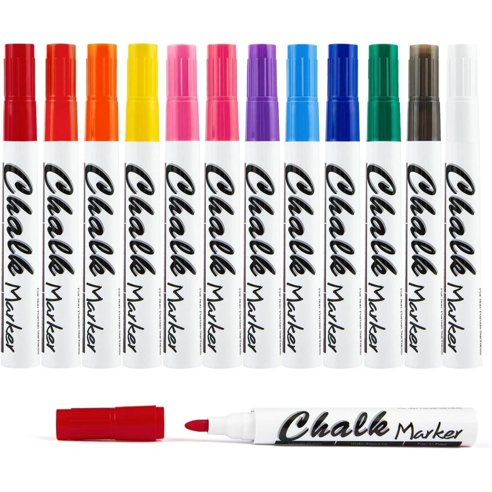 imageVolcanics 12 Pack Liquid Chalk Markers 12 Bright Colors Round Tip Wet Erase DustFree NonToxic Safe Chalk Pens for Chalkboards Glass Windows LED SignsMulticolor
