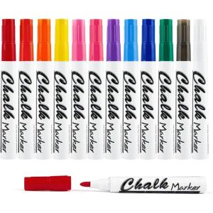 Volcanics 12 Pack Liquid Chalk Markers – 12 Bright Colors – Round Tip Wet Erase, Dust-Free, Non-Toxic, Safe Chalk Pens for Chalkboards, Glass, Windows, LED Signs(Multicolor)
