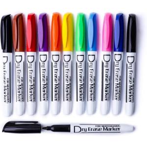 Volcanics Dry Erase Markers Low Odor Fine Whiteboard Markers Thin Box of 12, 10 Colors(10 colors)