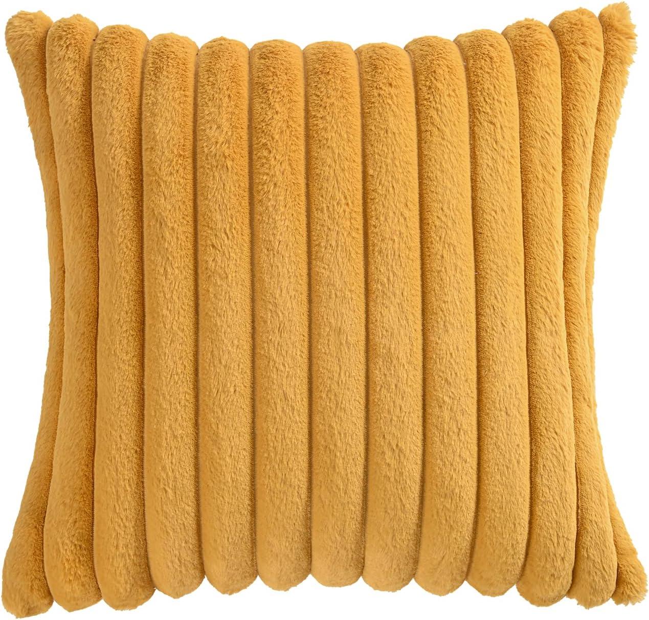 imageVolcanics Pack of 1 DoubleSided Faux Fur Plush Decorative Throw Pillow Covers 18x18 Inches Soft Fluffy Striped Couch Pillow Cases BeigeMustard Yellow