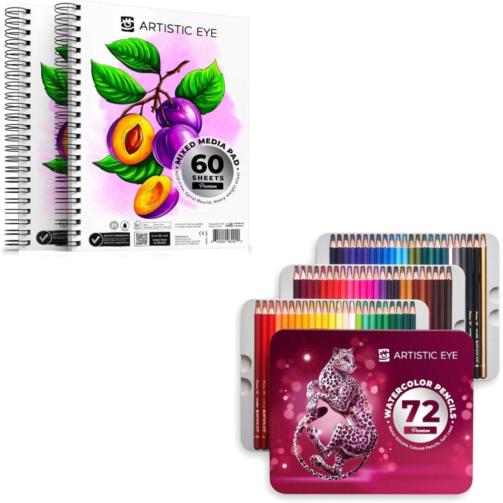 imageARTISTIC EYE Mixed Media Sketchbooks 9x12 ampamp Watercolor Pencils 72 colors Bundle
