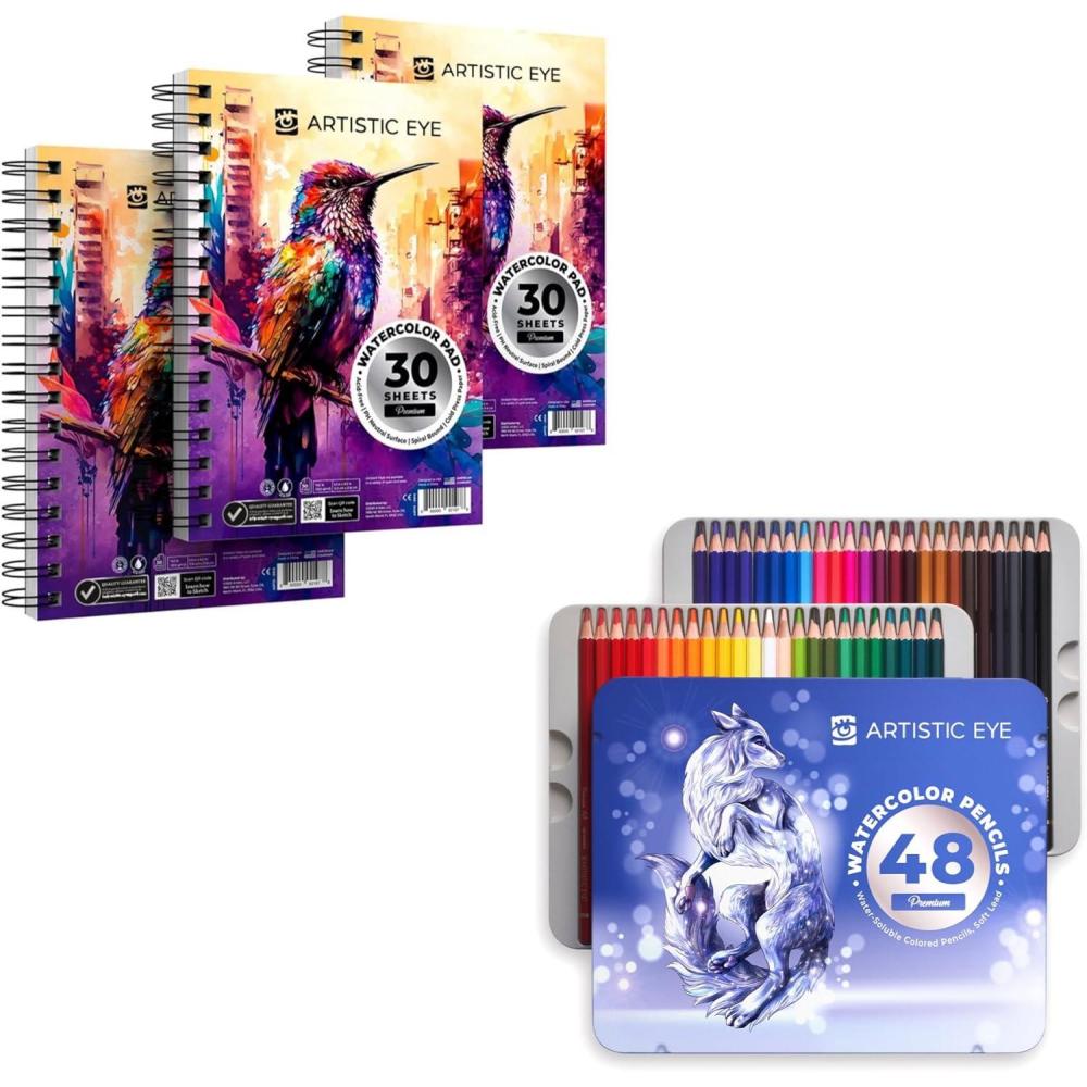 imageARTISTIC EYE Watercolor Pads 55x85 ampamp Watercolor Pencils 48 Colors Bundle