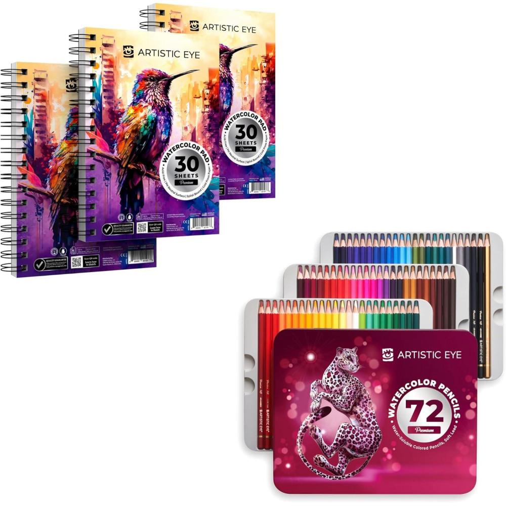 imageARTISTIC EYE Watercolor Pads 55x85 ampamp Watercolor Pencils 72 Colors Bundle