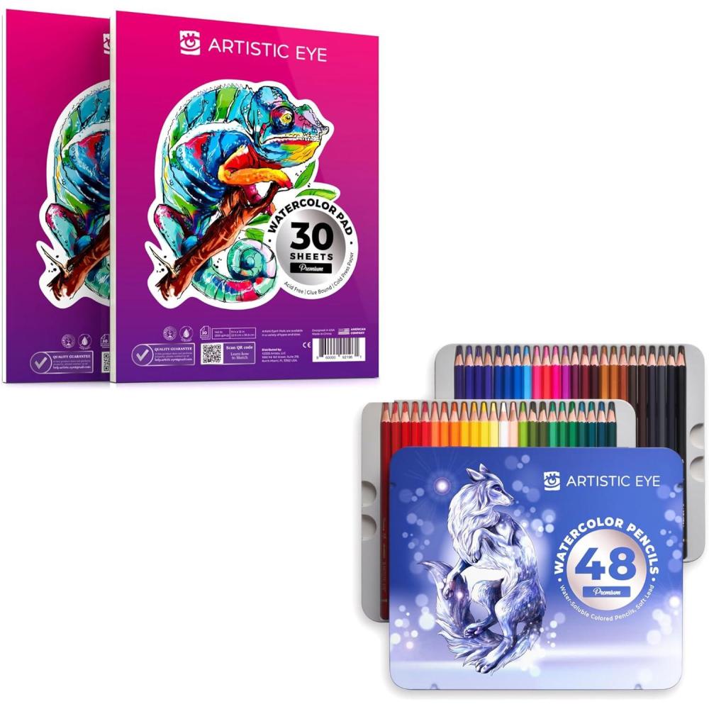 imageARTISTIC EYE Watercolor Pads 9x12 ampamp Watercolor Pencils 48 colors Bundle