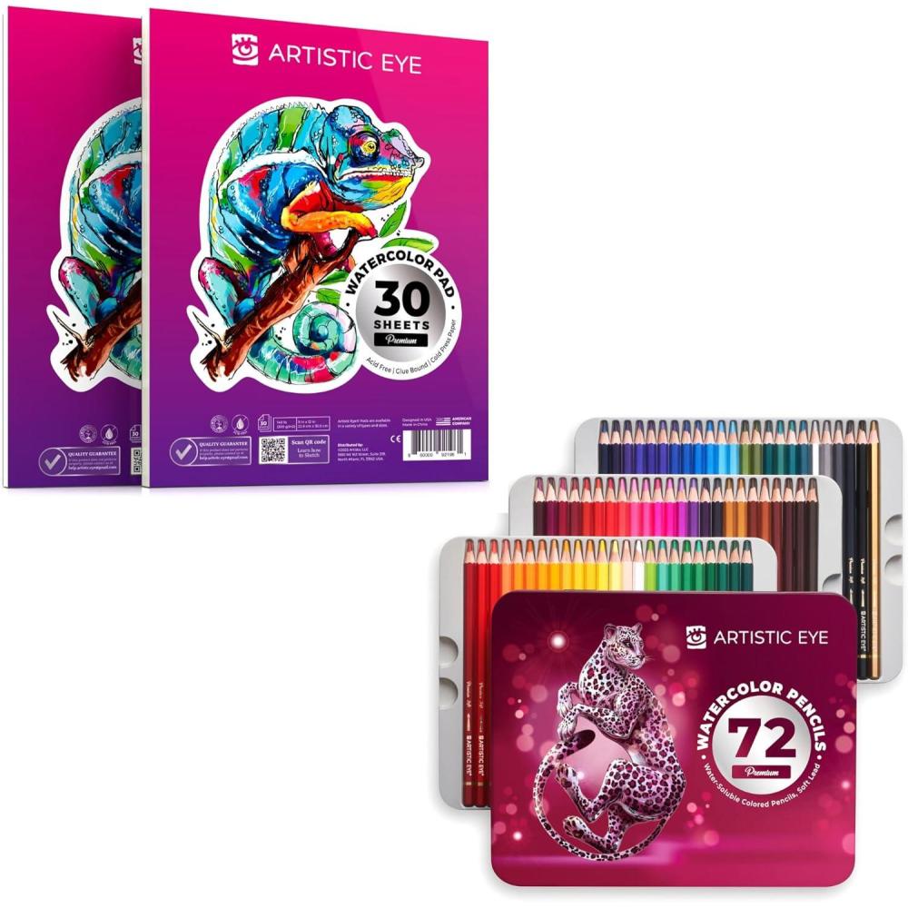 imageARTISTIC EYE Watercolor Pads 9x12 ampamp Watercolor Pencils 72 Colors Bundle