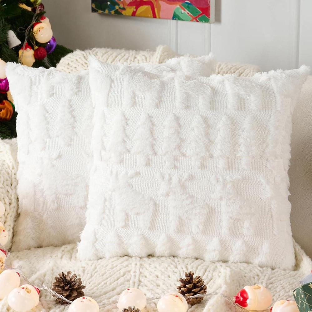 imageVolcanics Christmas Pillow Covers 18x18 Set of 2 Soft Plush Velvet Beige Cushion Cases Luxury Short Wool Decorative Throw Pillow Shells with Xmas Tree and Elk for Sofa BedroomWhiteelk and Tree