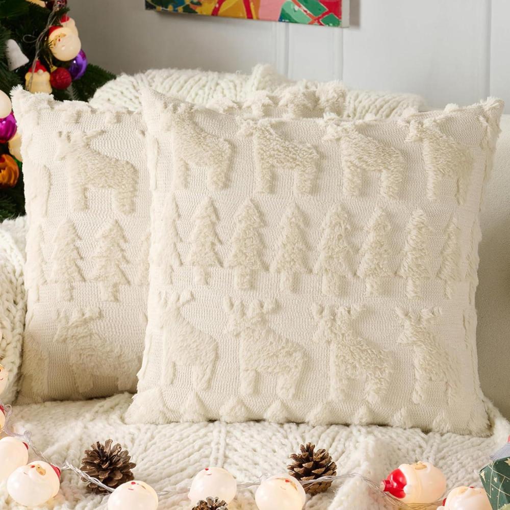 imageVolcanics Christmas Pillow Covers 18x18 Set of 2 Soft Plush Velvet Beige Cushion Cases Luxury Short Wool Decorative Throw Pillow Shells with Xmas Tree and Elk for Sofa BedroomBeigeelk and Tree