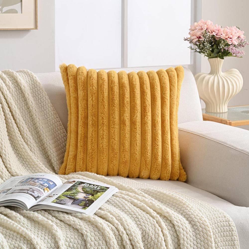 imageVolcanics Pack of 1 DoubleSided Faux Fur Plush Decorative Throw Pillow Covers 18x18 Inches Soft Fluffy Striped Couch Pillow Cases BeigeMustard Yellow