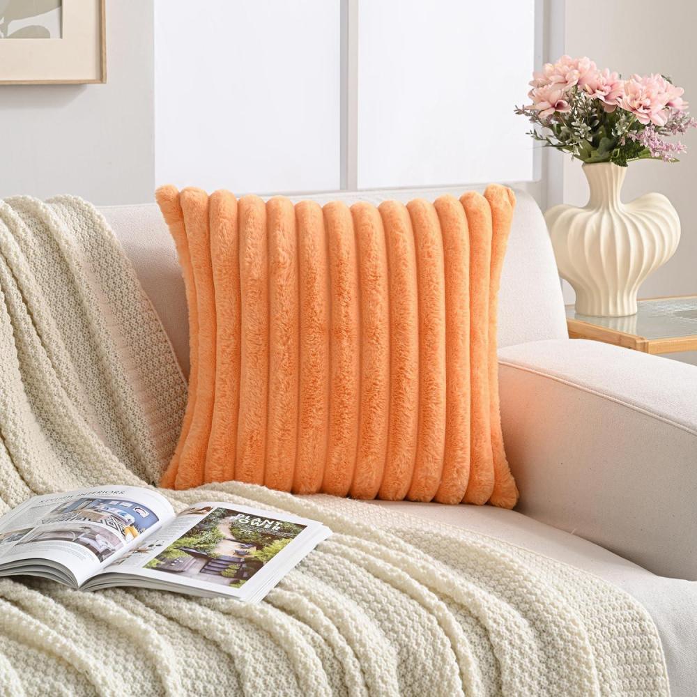 imageVolcanics Pack of 1 DoubleSided Faux Fur Plush Decorative Throw Pillow Covers 18x18 Inches Soft Fluffy Striped Couch Pillow Cases BeigeOrange