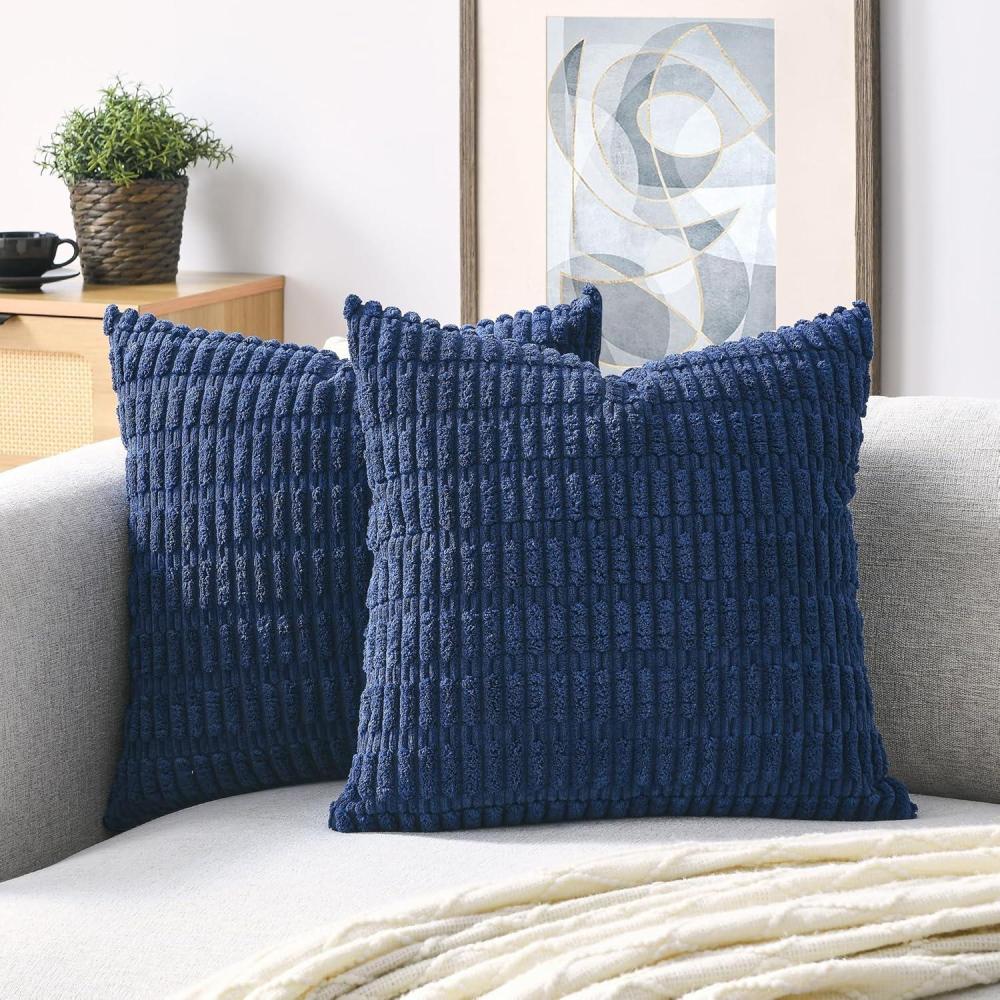 imageVolcanics Pack of 2 Corduroy DecorativeThrowPillowCovers18x18 Soft Striped Square Cushion Cases Modern Farmhouse Boho Home Decor BlueNavy