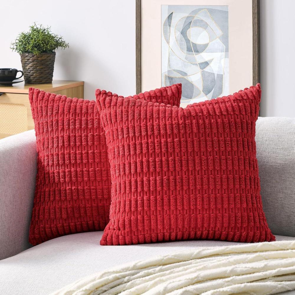 imageVolcanics Pack of 2 Corduroy DecorativeThrowPillowCovers18x18 Soft Striped Square Cushion Cases Modern Farmhouse Boho Home Decor BlueRed