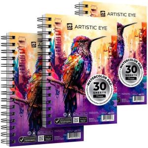 ARTISTIC EYE 5.5×8.5 Premium Watercolor Pads, Pack of 3 (90 Sheets), Spiral Bound, 140lb (300gsm), Acid-Free Paper, Perfect for Most Wet & Dry Media, Ideal for Beginners, Artists & Professionals