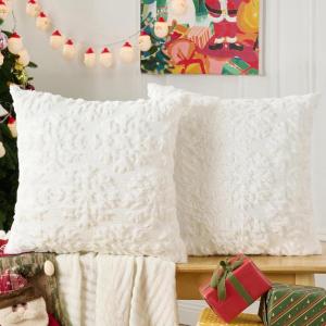 Volcanics Christmas Pillow Covers 18×18 Set of 2, Soft Fluffy Faux Fur Green Throw Pillow Cases with 3D Snowflake Embroidery for Sofa, Couch, Bedroom, Holiday Home Décor(White Snowflake)