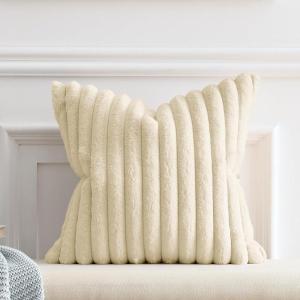 Volcanics Pack of 1 Double-Sided Faux Fur Plush Decorative Throw Pillow Covers 18×18 Inches Soft Fluffy Striped Couch Pillow Cases, Beige(Beige)