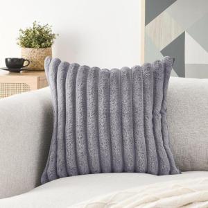 Volcanics Pack of 1 Double-Sided Faux Fur Plush Decorative Throw Pillow Covers 18×18 Inches Soft Fluffy Striped Couch Pillow Cases, Beige(Dark Grey)