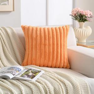 Volcanics Pack of 1 Double-Sided Faux Fur Plush Decorative Throw Pillow Covers 18×18 Inches Soft Fluffy Striped Couch Pillow Cases, Beige(Orange)