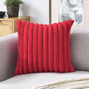 Volcanics Pack of 1 Double-Sided Faux Fur Plush Decorative Throw Pillow Covers 18×18 Inches Soft Fluffy Striped Couch Pillow Cases, Beige(Red)