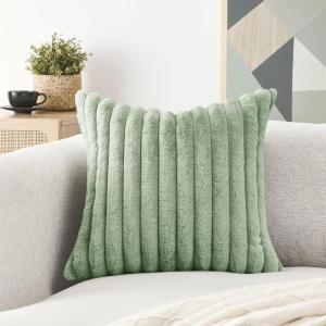 Volcanics Pack of 1 Double-Sided Faux Fur Plush Decorative Throw Pillow Covers 18×18 Inches Soft Fluffy Striped Couch Pillow Cases, Beige(Sage Green)