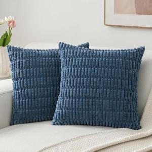 Volcanics Pack of 2 Corduroy Decorative-Throw-Pillow-Covers-18×18, Soft Striped Square Cushion Cases, Modern Farmhouse Boho Home Decor, Blue(Blue)