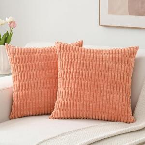 Volcanics Pack of 2 Corduroy Decorative-Throw-Pillow-Covers-18×18, Soft Striped Square Cushion Cases, Modern Farmhouse Boho Home Decor, Blue(Coral)