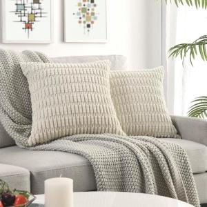 Volcanics Pack of 2 Corduroy Decorative-Throw-Pillow-Covers-18×18, Soft Striped Square Cushion Cases, Modern Farmhouse Boho Home Decor, Blue(Cream)