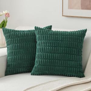 Volcanics Pack of 2 Corduroy Decorative-Throw-Pillow-Covers-18×18, Soft Striped Square Cushion Cases, Modern Farmhouse Boho Home Decor, Blue(Dark Green)