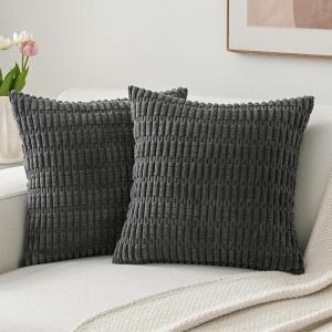 Volcanics Pack of 2 Corduroy Decorative-Throw-Pillow-Covers-18×18, Soft Striped Square Cushion Cases, Modern Farmhouse Boho Home Decor, Blue(Dark Grey)