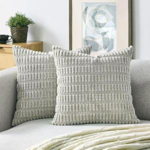 Volcanics Pack of 2 Corduroy Decorative-Throw-Pillow-Covers-18×18, Soft Striped Square Cushion Cases, Modern Farmhouse Boho Home Decor, Blue(Light Grey)