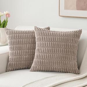 Volcanics Pack of 2 Corduroy Decorative-Throw-Pillow-Covers-18×18, Soft Striped Square Cushion Cases, Modern Farmhouse Boho Home Decor, Blue(Mocha Brown)