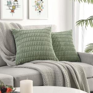 Volcanics Pack of 2 Corduroy Decorative-Throw-Pillow-Covers-18×18, Soft Striped Square Cushion Cases, Modern Farmhouse Boho Home Decor, Blue(Sage Green)