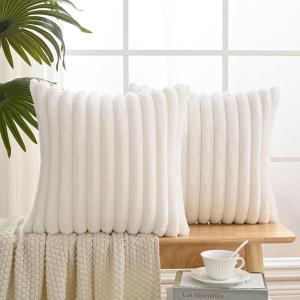 Volcanics Set of 2 Faux Fur Plush Decorative Throw Pillow Covers 18×18 Inches, Striped Cushion Cases Soft Fluffy Accent Pillowcases for Sofa, Couch and Bed, Beige(Cream White)