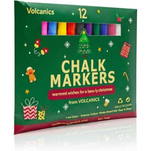 Volcanics Christmas Liquid Chalk Markers – 12 Vibrant Colors with Round Tips & Festive Gift Box, Erasable Chalk Pens for Chalkboards, Windows & Crafts, Ideal Stocking Stuffer