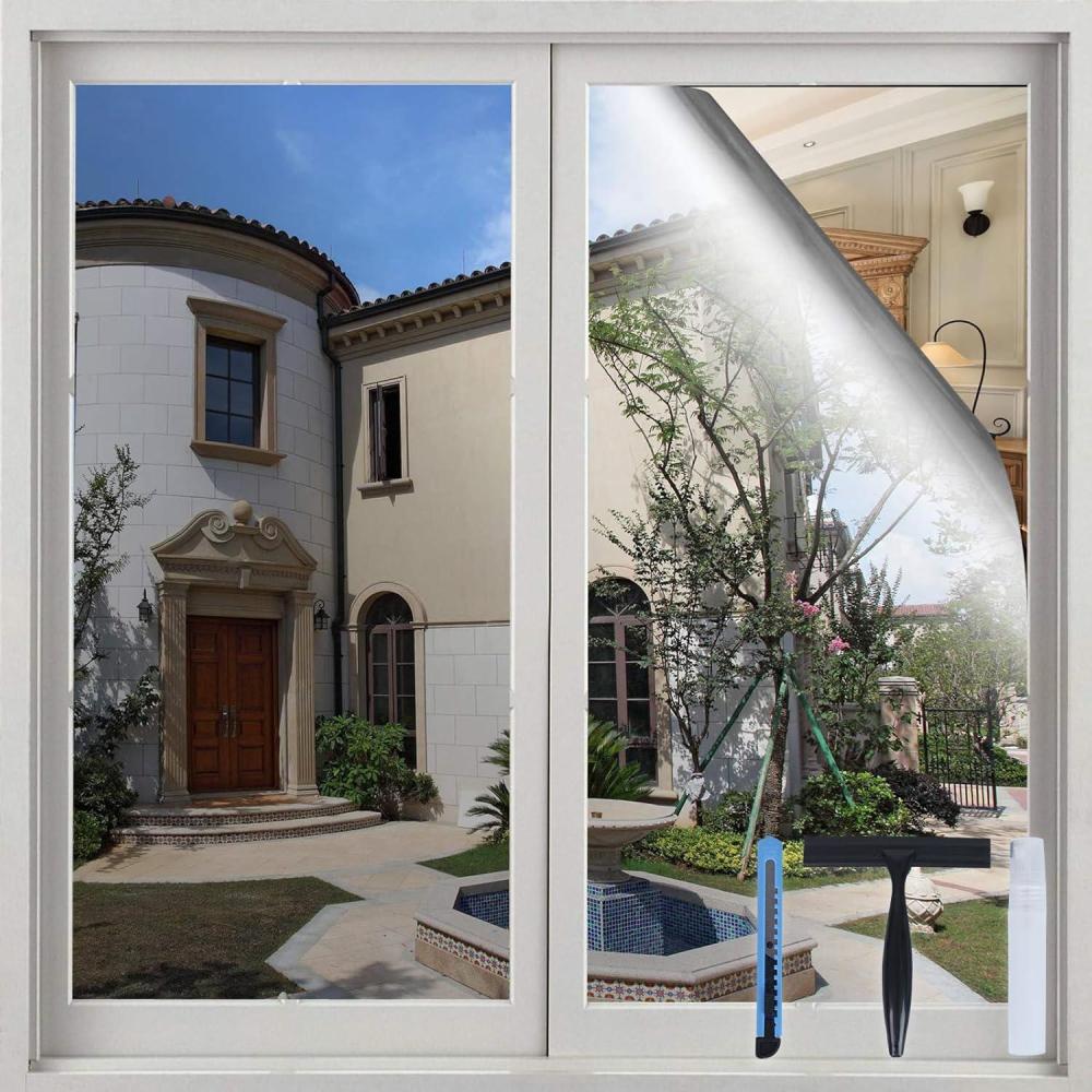 imageVolcanics One Way Window Privacy Film with Installation Tools 354 x 118 Inches Sun Blocking Window Tinting Film for Home Heat Control Mirror Tint Film Static Cling SilverOne Waysilver