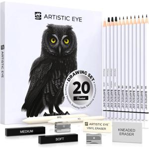ARTISTIC EYE Premium Drawing and Sketching Pencil Art Set (20 Items): Complete Kit with Graphite Pencils, Charcoal Pencils, Sticks, Blending Stumps, Erasers, and Sharpeners