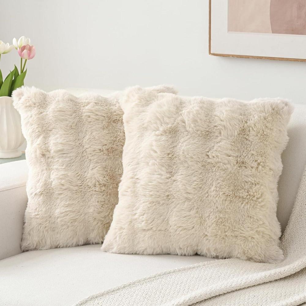 imageVolcanics Pack of 2 Thick Plush Faux Wool Decorative Throw Pillow Covers 20x20 Inch Beige Soft Fluffy Faux Fur Cushion Covers for Sofa Bedroom Pillow ShellBeige