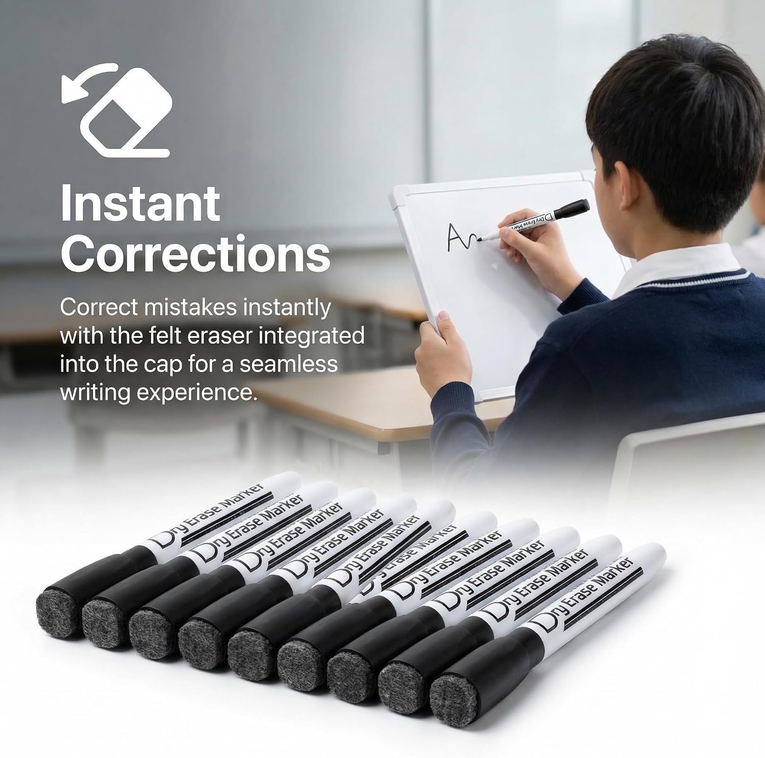 image:imageVolcanics Magnetic Black Dry Erase Markers with Eraser Cap Fine Tip 12mm Low Odor Whiteboard Markers SmudgeFree Erasable Pens for Office Classroom amp Home Use 6 PackBlack