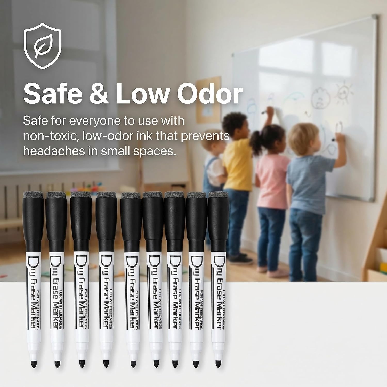 image:imageVolcanics Magnetic Black Dry Erase Markers with Eraser Cap Fine Tip 12mm Low Odor Whiteboard Markers SmudgeFree Erasable Pens for Office Classroom amp Home Use 6 PackBlack