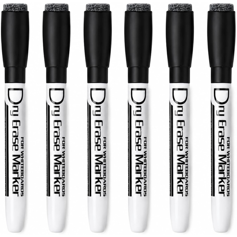 image:imageVolcanics Magnetic Black Dry Erase Markers with Eraser Cap Fine Tip 12mm Low Odor Whiteboard Markers SmudgeFree Erasable Pens for Office Classroom amp Home Use 6 PackBlack